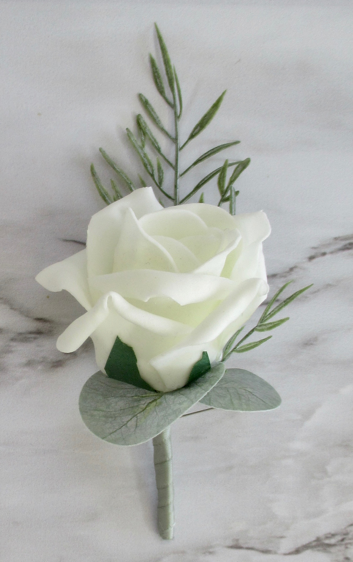 sage green buttonhole, artificial lifelike buttonholes